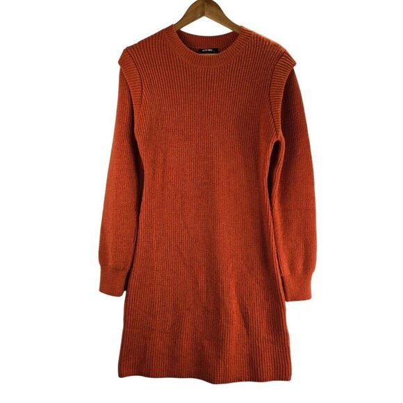 Sweater Dress Orange Knee Length BTFBM Crew Neck Shoulder Trim Career 80s Style - Picture 1 of 15